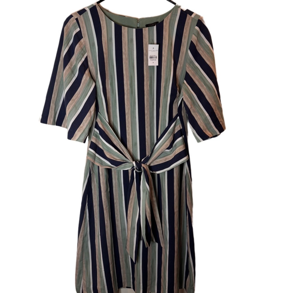NWT Ann Taylor Factory Striped Tie Waist‎ Midi Dress Size 6 Career Casual Breezy - Picture 3 of 7